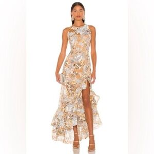 Bronx and Banco Floral High Low Dress in Cream and Blue